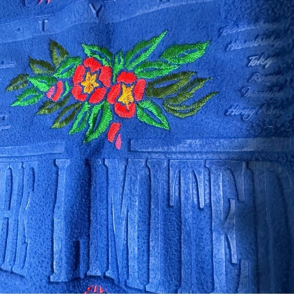 Vtg 80s Limited Fleece Pullover Blue Embroidered Floral Stamped Logo - Picture 2 of 7